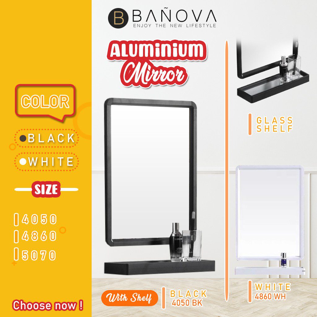 <strong>8 Cermin Bilik Mandi Terbaik Malaysia 2025</strong> 4 BANO Square Aluminium Bathroom Mirror Glass Shelf Set Black White