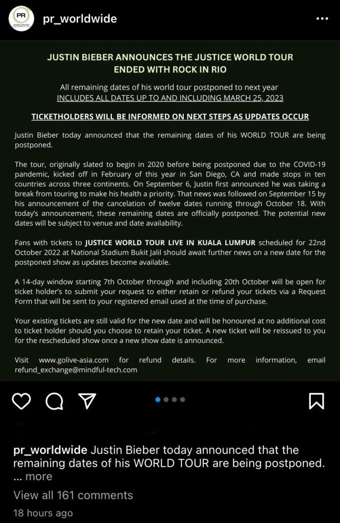 Justin Bieber Postponed The Rest of His World Tour Dates To 2023, Including Malaysia 2 IMG