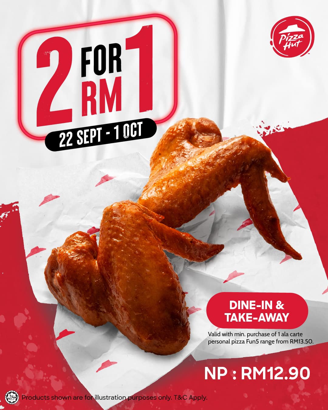 Pizza Hut 2 Pieces Chicken Wings for RM1 1 n