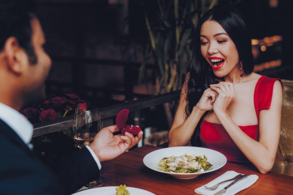 Top 20 Best Proposal Ideas in Malaysia 2025 9 A surprised woman in a red dress sees the engagement ring