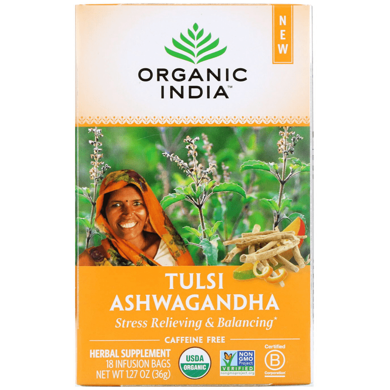 9 Teh Terbaik Untuk Insomnia di Malaysia 2025 11 Organic India's Tulsi Ashwagandha Stress Relieving & Balancing blend