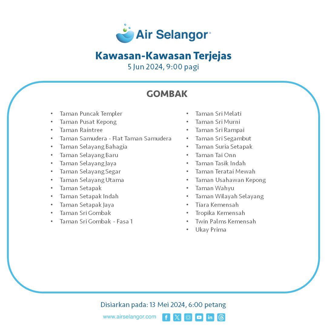 Gangguan Air Selangor: Semak Kawasan Terjejas Di Sini! 5 hingga 7 Jun 2024 13 Gombak 2
