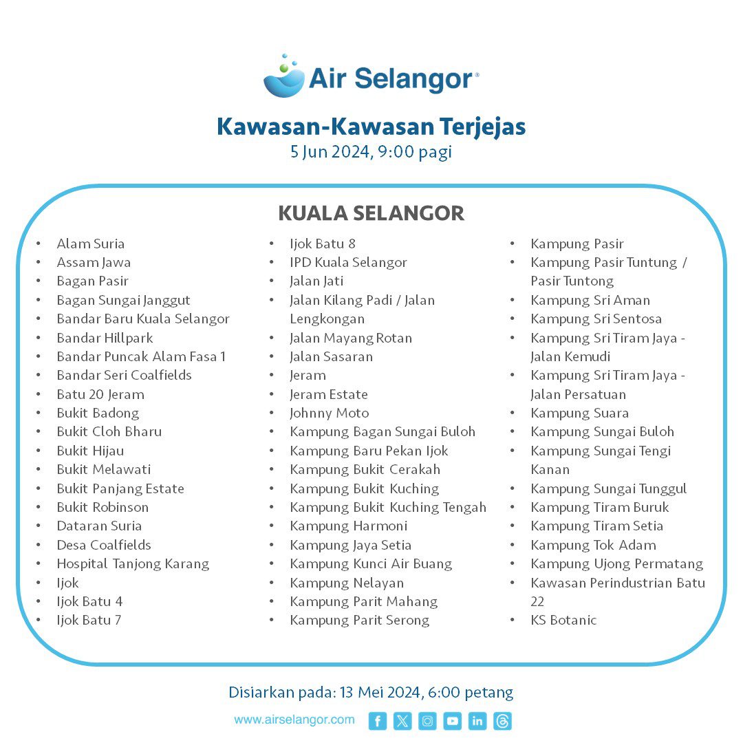 Gangguan Air Selangor: Semak Kawasan Terjejas Di Sini! 5 hingga 7 Jun 2024 14 Kuala Selangor
